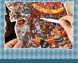 DIY retro theater paper craft set assembly process with precision tweezers and stickers