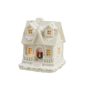 Luminous resin snow house miniature with LED light and festive garland decor