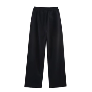 Pantalon large en lin mélangé noir pour femme avec taille haute élastique confortable