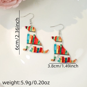 Detailed view of colorful bookshelf dog acrylic earrings with size and weight measurements
