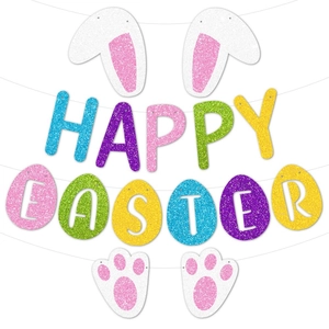 Colorful glitter Happy Easter banner with bunny ears and egg designs on white background