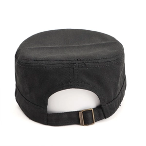 Rear view of black cotton tactical flat top army cap with adjustable metal buckle strap