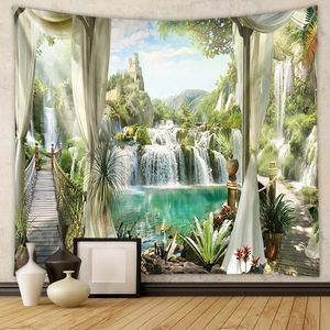 Detail of a large fantasy landscape tapestry with castle and waterfall in home setting