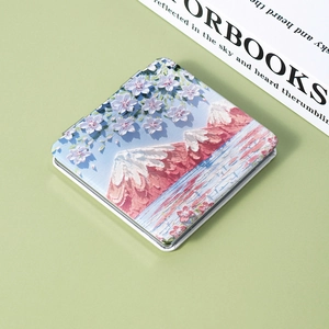 Portable folding makeup mirror with pink Fuji mountain oil painting and cherry blossoms