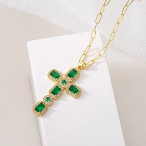 18K gold plated cross pendant necklace with emerald green zircon on clip paper chain