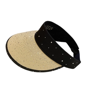 Women summer open top sun hat with rhinestones and large brim for sun protection