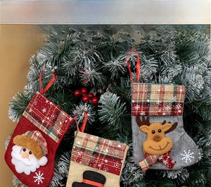 Detailed view of Christmas stockings with size specs for tree hanging decorations