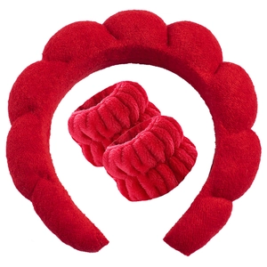 Diadema de esponja trenzada roja suave y muñequeras a juego para lavar la cara