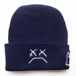 Navy blue Lil Peep sad face embroidery knitted beanie hat with white stitch pattern