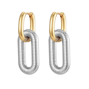 Fashionable 18K gold and silver two-tone interlocking oval chain drop earrings in stainless steel