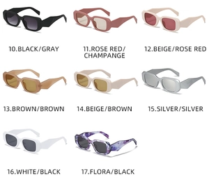 Collage of rectangular thick-frame sunglasses in eight vibrant colors with various lenses