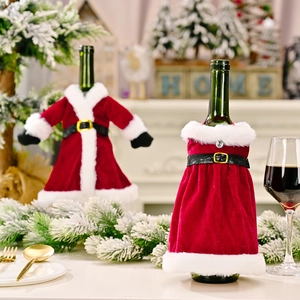 Velvet Christmas wine bottle covers featuring Santa suit and dress with fur trim