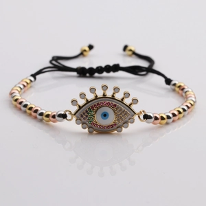 Adjustable Evil Eye bracelet with colorful crystals and tricolor metal beads on black cord