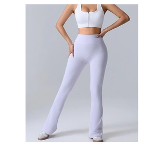 Detail of high-waist lavender yoga pants showing elastic texture and flare leg design