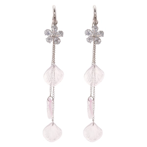 Silver drop earrings with sparkling zircon flowers and translucent leaf tassels on white