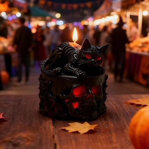 Porte-bougie Halloween chat squelette noir avec base crâne et yeux rouges brillants