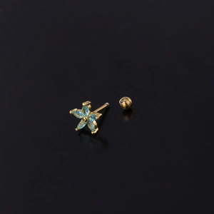 Daisy flower ear stud with blue marquise zircons and golden stainless steel ball back