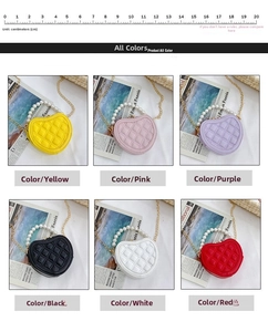 Detail view of heart-shaped quilted mini bags with pearl handles in six vibrant colors