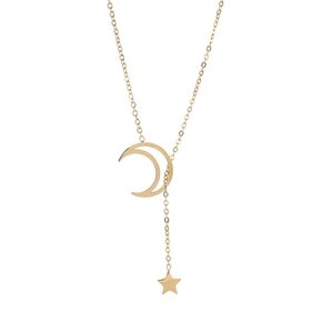 Minimalist Y-shaped gold moon and star pendant necklace in polished stainless steel