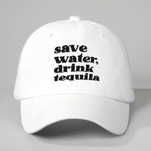 White cotton baseball cap with Save Water Drink Tequila embroidery for casual outdoor wear