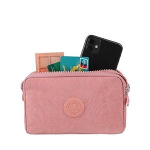 Borsa a tracolla rosa in nylon per cellulare con doppia zip e scomparti vari