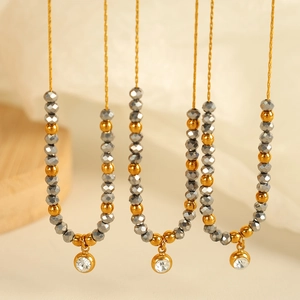 Titanium Steel Gray Hematite Beaded Necklace For Women Gold Plated Round Rhinestone Pendant Chic Fashion Clavicle Chain Jewelry