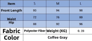 Size chart showing S-L dimensions and polyester fabric specs for a straight skirt