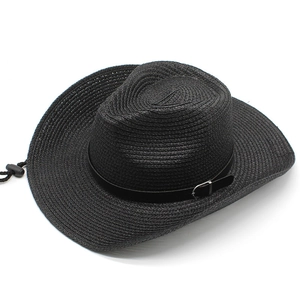 Men's black straw western cowboy hat with wide brim, leather band, and chin strap