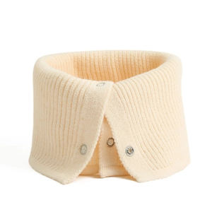 Detail view of cream rib-knitted neck warmer with four functional metal snap buttons