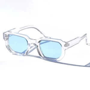 Classic retro square sunglasses with transparent frames and light blue tinted lenses