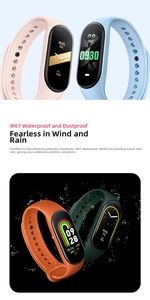 Detail of colorful M8 smart bands showing IP67 waterproof feature with water splashes