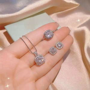 Elegant Titanium Steel Necklace Earrings Ring Square Zircon Halo Geometric Luxury Fashion Jewelry For Women