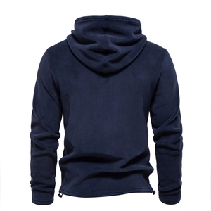Detail of navy polar fleece sweatshirt back featuring adjustable drawstring hem and soft texture