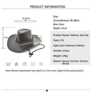 Black PU leather cowboy hat with 8cm wide brim and woven band size chart specifications