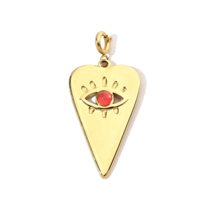 Detail of a golden heart pendant featuring a red evil eye motif and spring clasp