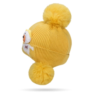 Cozy yellow knitted kids' winter hat with double pom-poms and cute bear decoration