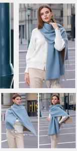 Detailed outdoor view of a woman wearing a blue and beige double-sided tassel scarf