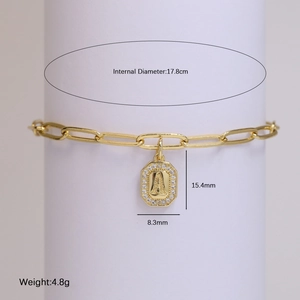 18k gold paperclip chain bracelet with a sparkling crystal octagon letter A pendant
