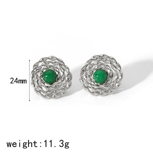 Detail of silver spiral stud earrings with green natural stone, 24mm size and 11.3g weight
