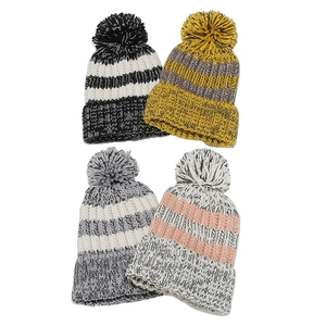 Thick warm striped knitted beanies with pom-poms in four colors for winter outdoors