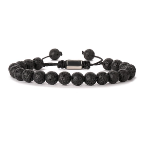 Braided black volcanic stone bead bracelet with a silver metal bar for men and women