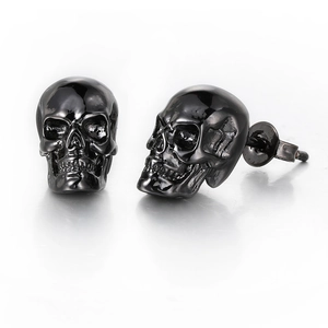 Hip-hop style skull stud earrings in black metal finish for men with punk gothic design