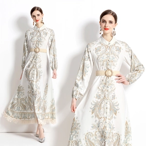 Robe Maxi Élégante À Imprimé Paisley Pour Femmes Manches Longues Col Montant Style Boho Rétro Avec Ourlet À Franges Et Ceinture