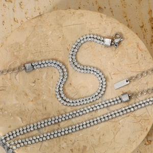 Double-row tennis jewelry set in polished silver stainless steel with sparkling zircons