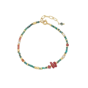 Bohemian turquoise and red coral handmade beaded necklace with a white pearl and gold clasp