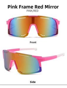 Pink frame sports sunglasses with colorful mirrored lenses in front and side views