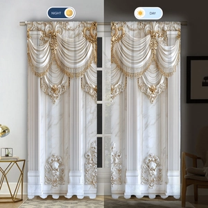 Detail of 3D printed curtains with marble pillars and gold carvings in day and night lighting