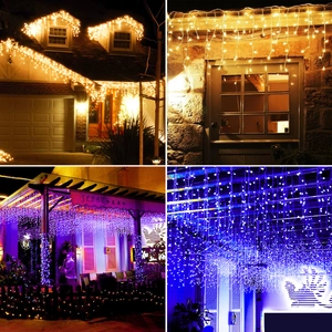 Outdoor warm white and blue LED icicle curtain lights for Christmas house eaves decoration