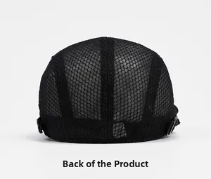 Back view of black mesh flat cap showing breathable honeycomb fabric and metal buckles