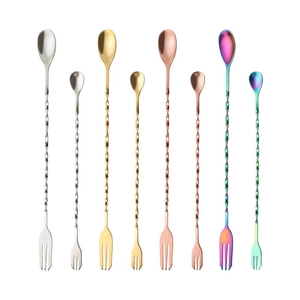 Detailed set of 304 stainless steel double-ended mixing spoons in four metallic colors